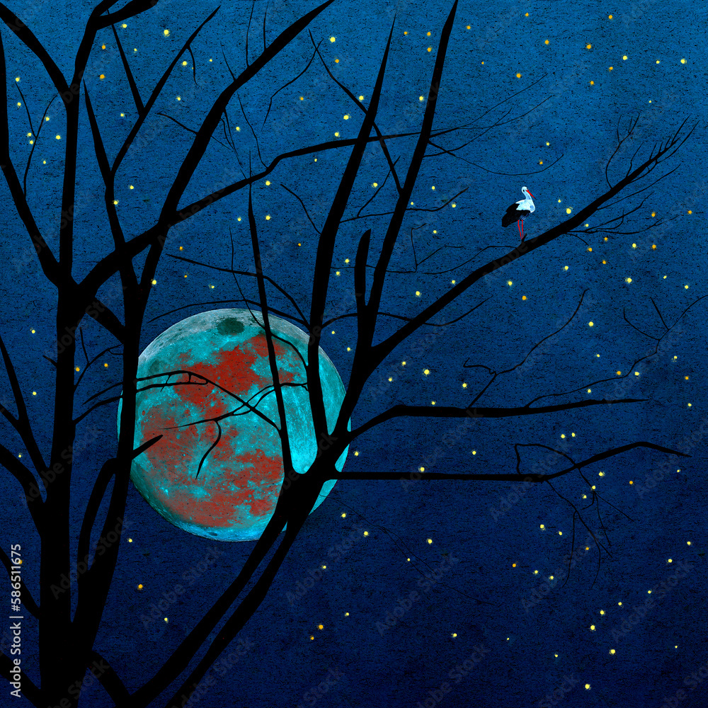 Ilustracja grafika krajobraz nocny bocian siedzący na drzewie na tle nieba i oświetlona kula ziemska i gwiazdy. - obrazy, fototapety, plakaty 