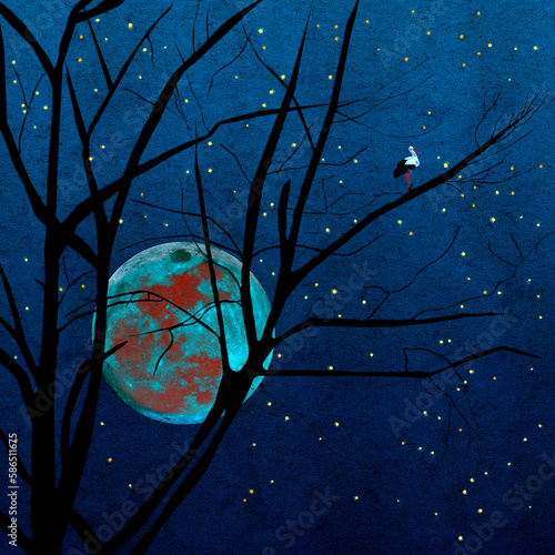 Ilustracja grafika krajobraz nocny bocian siedzący na drzewie na tle nieba i oświetlona kula ziemska i gwiazdy.