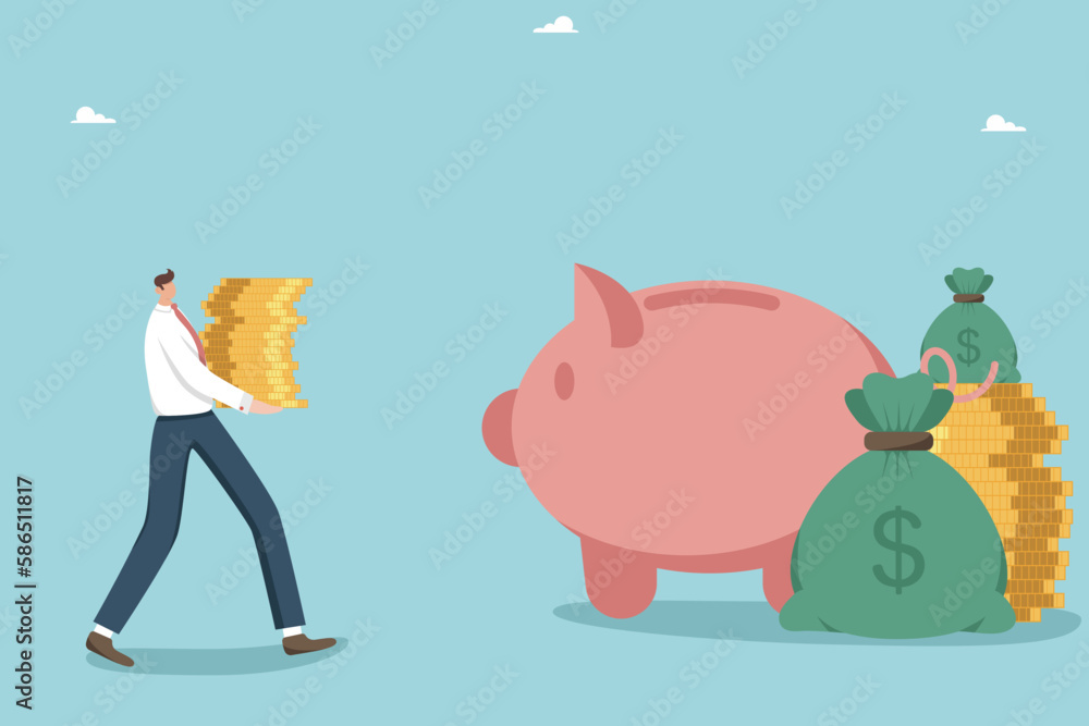 Obraz premium Financial obligations, monthly payment of the interest rate on a loan or mortgage, the concept of borrowing money, making a profit from investments, a man carries a stack of coins to a piggy bank.