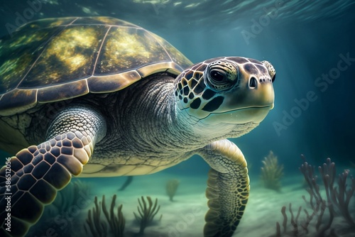 Close-up realistic sea turtle swims in the underwater world. Generative AI