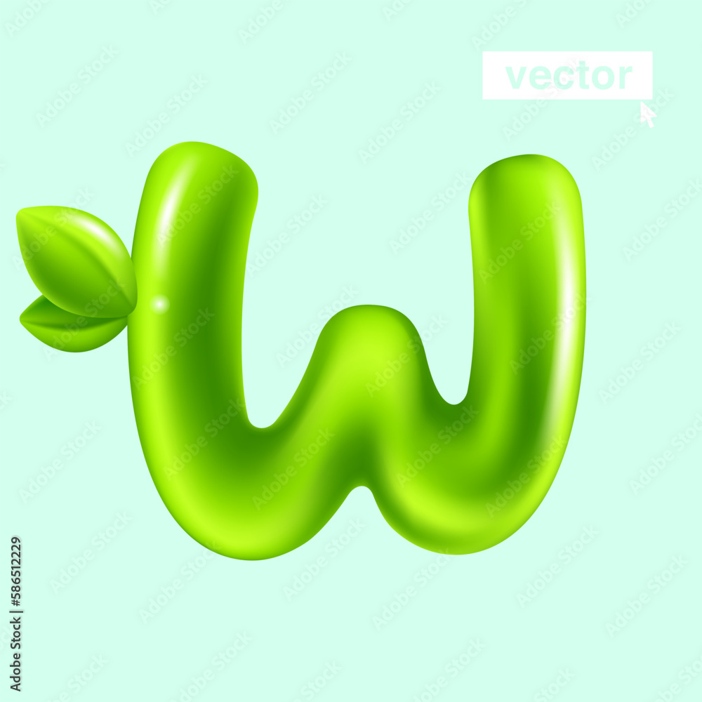 Letter W eco logo with green leaves. 3D realistic and cartoon balloon style. Glossy vector illustration. Letter W eco logo with green leaves. 3D realistic and cartoon balloon style. Glossy vector illustration.