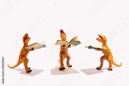 Fototapeta Naklejka Na Ścianę i Meble -  Creative and funny pattern of dinosaur who dramas because of studying, reading. Concept of education, studying and teaching.