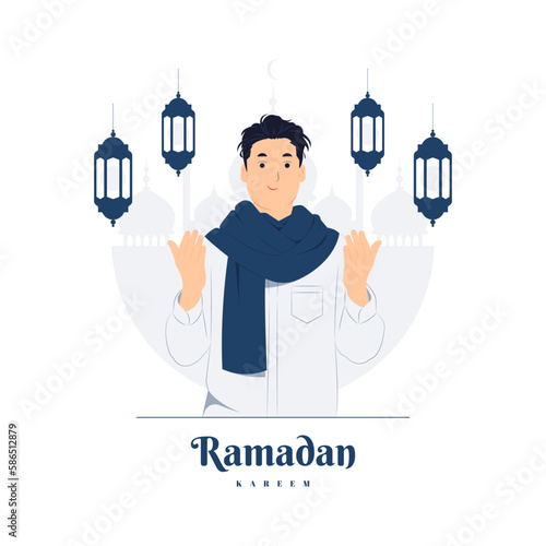 Muslim man Pray salam greetings welcoming on Ramadan Kareem concept illustration