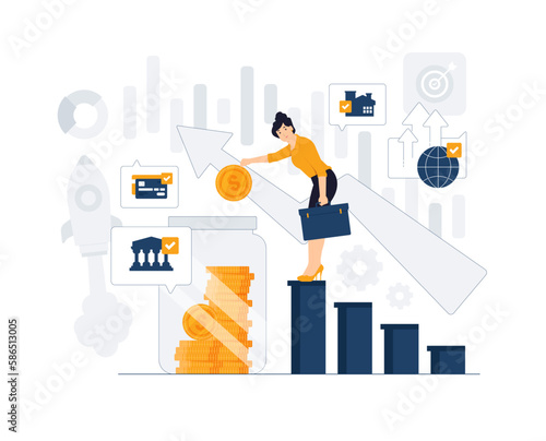Investment growth, investing money management, investor making trading plans on stock market and calculating benefits concept illustration.