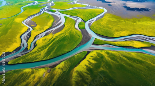 Drone view on braided river of Markarfljot in Iceland. Generative AI photo