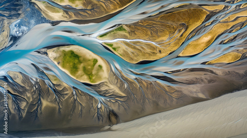 Drone view on braided river of Markarfljot in Iceland. Generative AI