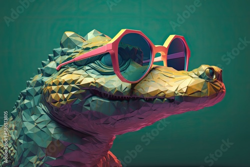 Alligator with sunglasses on a solid color background  vector art  polycount  digital art  faceted. Generative AI.