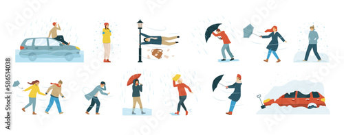 Isolated Bad Weather People Flat Icon Set
