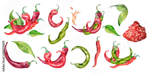 Set of red, green chili peppers watercolor illustration isolated on white background.