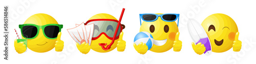 Summer emoji set with sunglasses, cocktail, beach ball, diving suit and surfboard