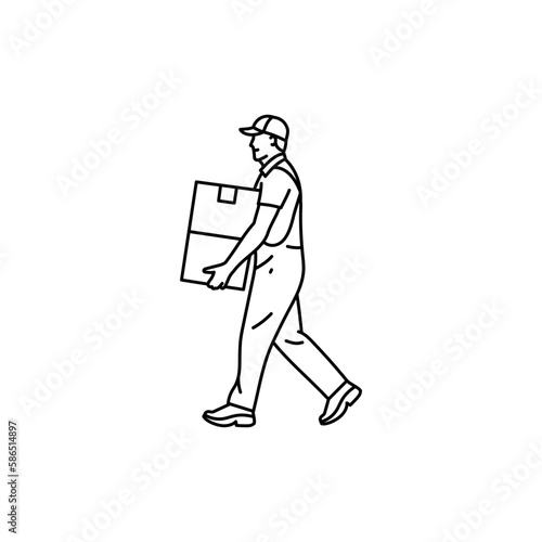 The courier carries the boxes black line icon. Pictogram for web page