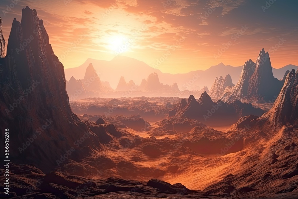 an otherworldly terrain at sunset with towering mountains and jagged rocks. Generative AI