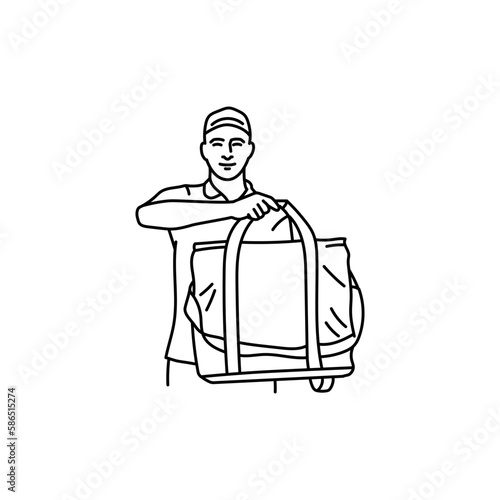 Courier with bag black line icon. Pictogram for web page