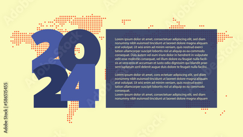 2024 year vector icon. Blue symbol with sample text. Dotted world map background. Element for business, web design, infographic, event, page, presentation, plan
