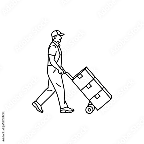 Delivery man with cart black line icon. Pictogram for web page