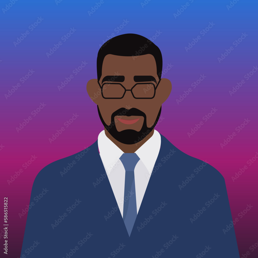 Vector illustration in a flat style. Portrait of a stylish african american male businessman with a beard and glasses, creative avatar for internet users