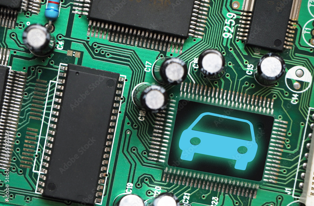 Chips in automotive industry. Electronic circuit boards with microchips