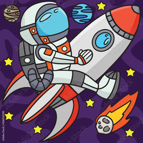 Astronaut Riding On A Rocket Ship Colored Cartoon