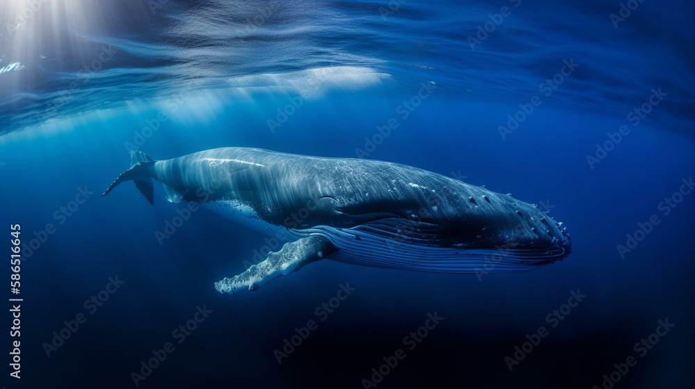 Majestic Blue Whale Swimming in Ocean - Generative AI