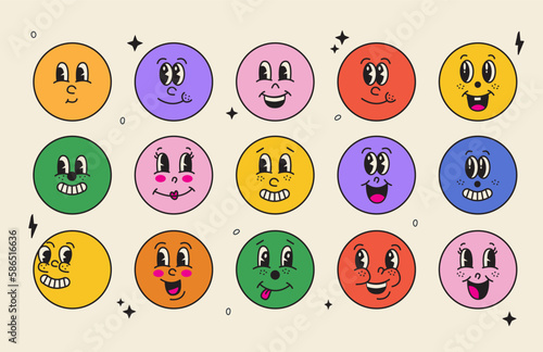 Set of Retro 30s cartoon comic funny faces with different expressions of emotions. Funny faces vector set.