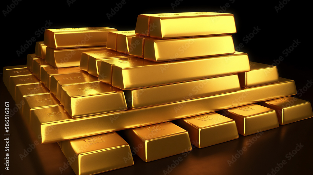 Solid gold bullion bars in a stack inside a bank vault where the precious metal ingots are kept as reserves for bank investments for the economy, computer Generative AI stock illustration image