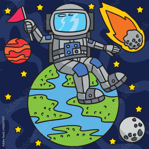 Astronaut Sitting On Earth Colored Cartoon 