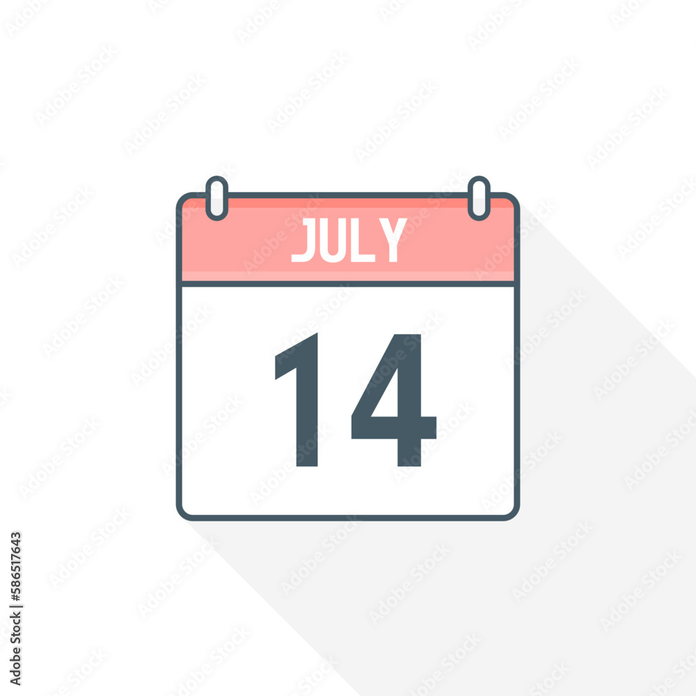 14th July calendar icon. July 14 calendar Date Month icon vector illustrator 14th July calendar icon. July 14 calendar Date Month icon vector illustrator