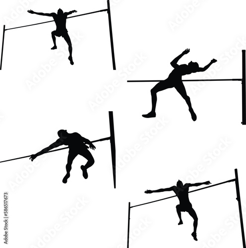 set black silhouette athlete high jump on white background, sports vector illustration, summer olympic sports