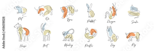 Chinese Zodiac symbols signs horoscope set in line art style with boho color