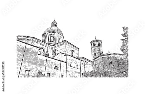 Building view with landmark of 
Port of Ravenna is the seaport in Italy.  Hand drawn sketch illustration in vector.