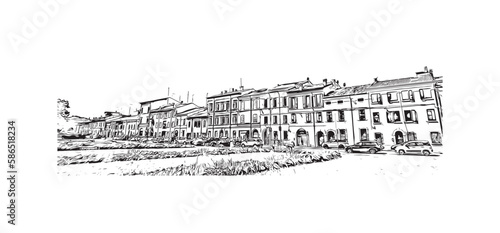 Building view with landmark of 
Port of Ravenna is the seaport in Italy.  Hand drawn sketch illustration in vector.