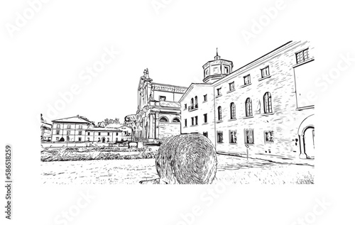 Building view with landmark of 
Port of Ravenna is the seaport in Italy.  Hand drawn sketch illustration in vector.