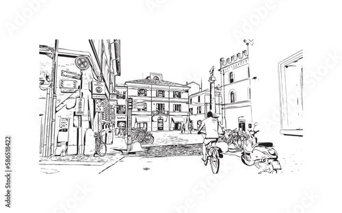 Building view with landmark of 
Port of Ravenna is the seaport in Italy.  Hand drawn sketch illustration in vector.