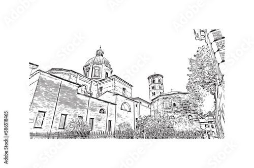 Building view with landmark of 
Port of Ravenna is the seaport in Italy.  Hand drawn sketch illustration in vector.