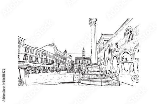 Building view with landmark of 
Port of Ravenna is the seaport in Italy.  Hand drawn sketch illustration in vector.