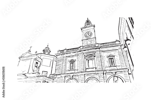 Building view with landmark of Port of Ravenna is the seaport in Italy. Hand drawn sketch illustration in vector.