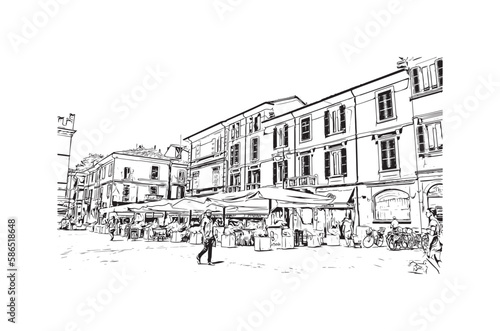 Building view with landmark of 
Port of Ravenna is the seaport in Italy.  Hand drawn sketch illustration in vector.