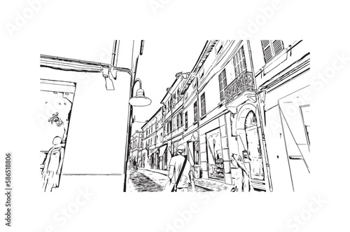 Building view with landmark of 
Port of Ravenna is the seaport in Italy.  Hand drawn sketch illustration in vector.