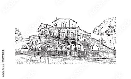 Building view with landmark of 
Port of Ravenna is the seaport in Italy.  Hand drawn sketch illustration in vector.