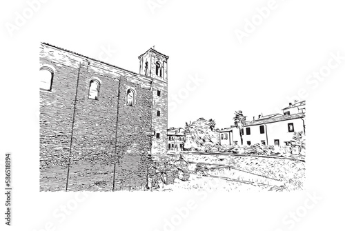 Building view with landmark of 
Port of Ravenna is the seaport in Italy.  Hand drawn sketch illustration in vector.