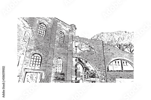 Building view with landmark of 
Port of Ravenna is the seaport in Italy.  Hand drawn sketch illustration in vector.
