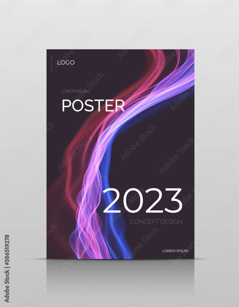 Naklejka premium Cover wave design. Flyer motion style. Flow curve line element. Neon gradient wavy illiustration.