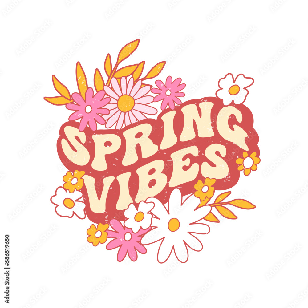 Retro slogan Spring vibes, with hippie flowers. Colorful vector illustration and lettering in vintage style. Retro slogan Spring vibes, with hippie flowers. Colorful vector illustration and lettering in vintage style.