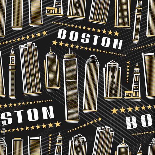 Vector Boston Seamless Pattern, square repeating background with illustration of famous boston city scape on dark background for wrapping paper, decorative line art urban poster with white text boston photo