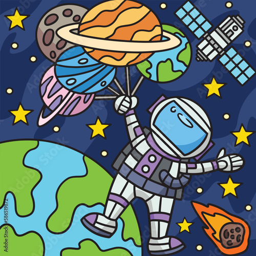 Astronaut Holding Balloon Planet Colored Cartoon