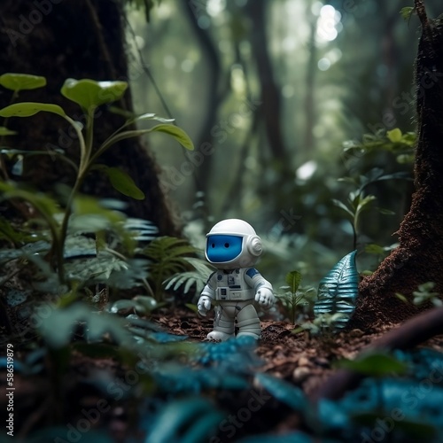 little blue astronaut in jungle