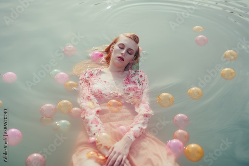 Underwater abstract portrait of a young beautiful girl with colorful balls on the surface of the water. Summer creative relaxing concept. Generative AI.