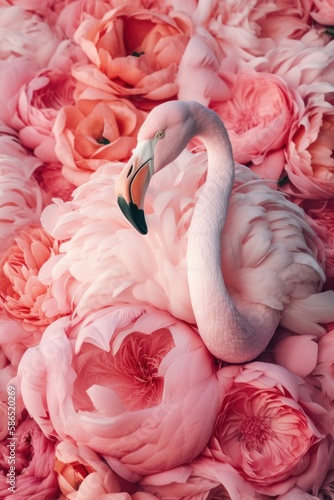 Abstract exotic pastel pink animal concept portrait, fresh Spring pastel pink flowers, and tropical flamingo. Generative AI. © Uncanny Valley