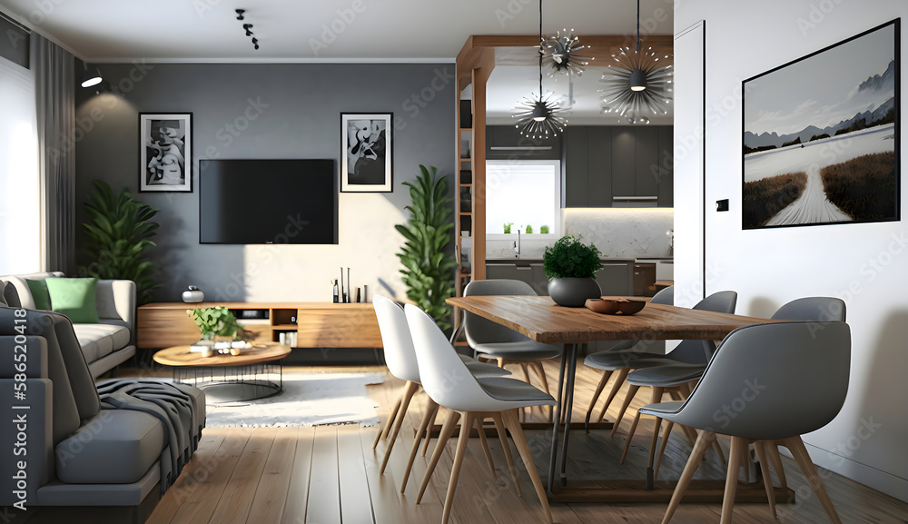 Open space living and dining room interior with flat tv, grey sofa and wooden table with trendy chairs, generative ai