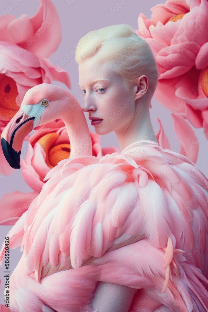 Naklejka premium Abstract exotic pastel pink animal and woman concept portrait, young beautiful girl and tropical elegant flamingo. Generative AI.